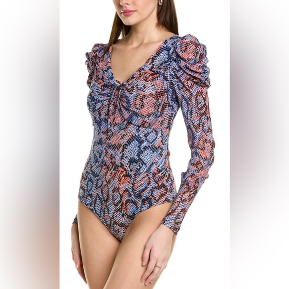 NWOT Diane von Furstenberg Roland ruched printed mesh bodysuit, Size M - Picture 2 of 15